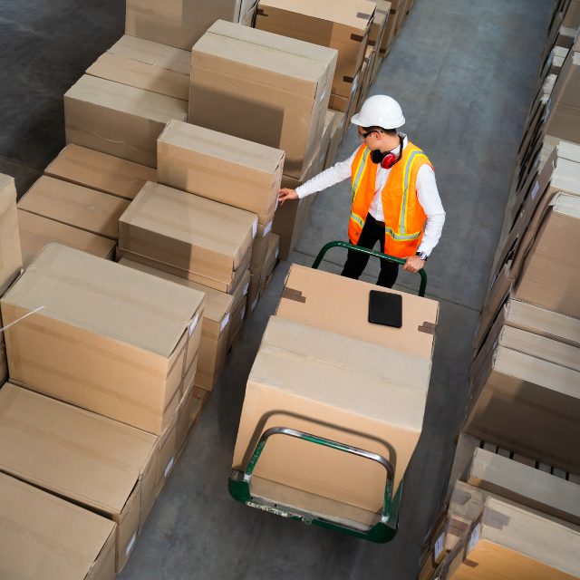 a man in a PPE vest sorting through business inventory in a warehouse